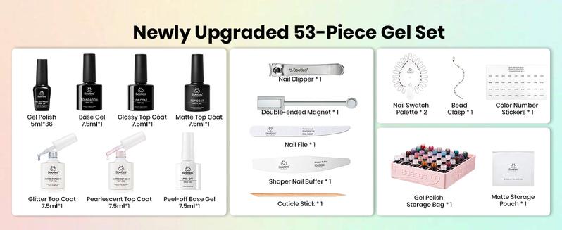 beetles Jelly Gel Polish Set, 36Colors Jelly Pink Milky with Base Coat Glitter Top Matte & Stars Top Coat Red Crystal Ice Collection DIY at Home Nails Salon Gifts for Her Manicure Cosmetic Easter'sGift Cutics