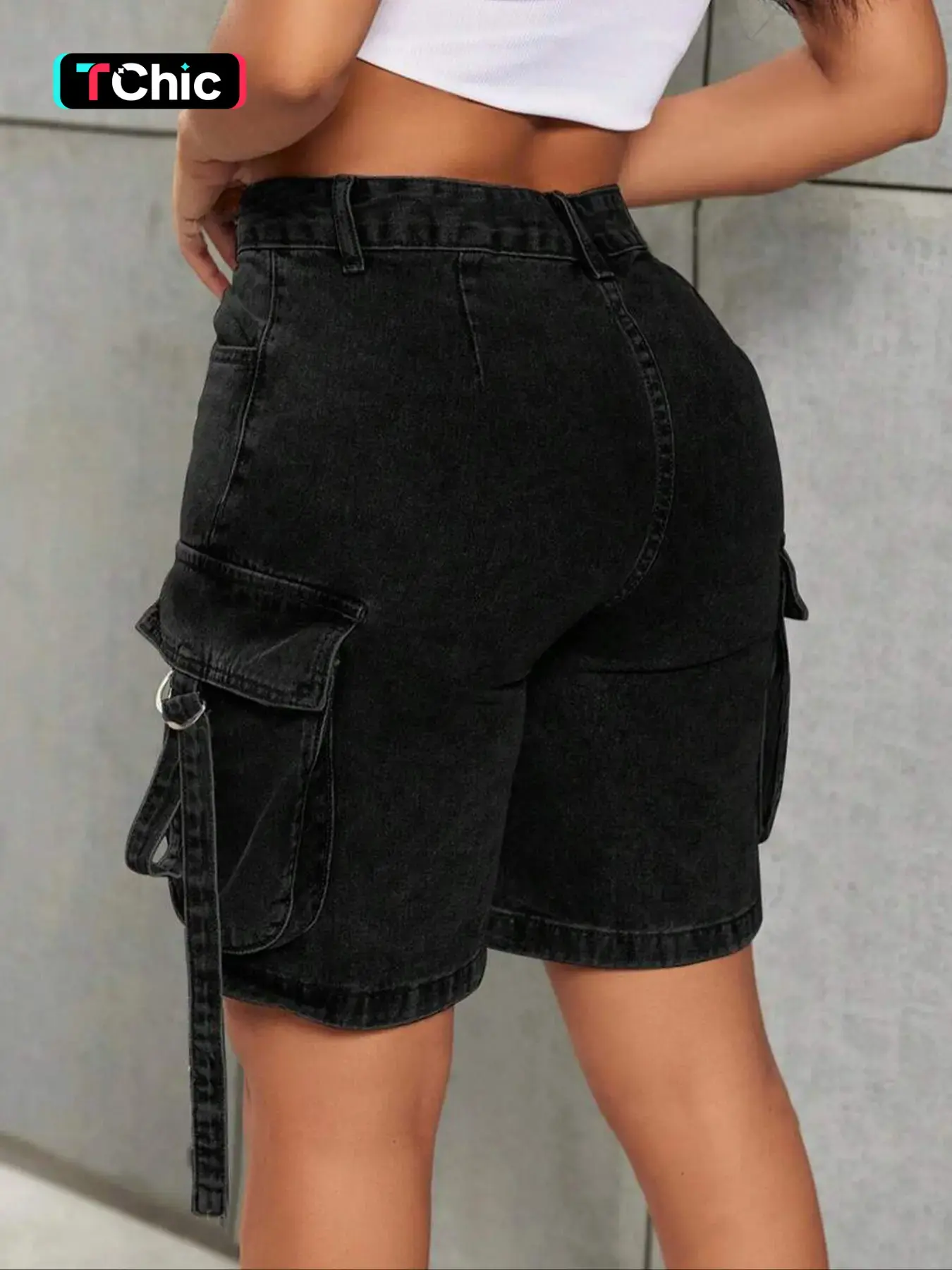 Women's Washed Denim Cargo Shorts - Casual Trouser Shorts - Y2K Functional Street Style - Comfortable Stretchy Fabric with Tummy Control - Casual Fashionable Shorts
