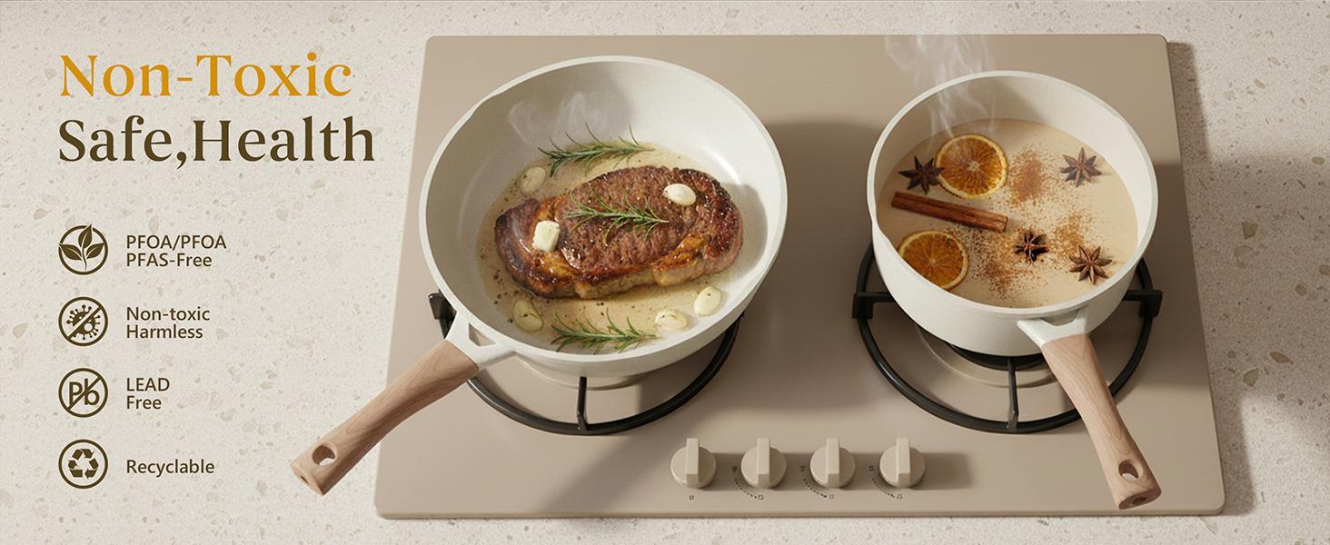 USELUCK Cookware Set 8-Pans 22-Piece Ceramic Cookware Set Non-Stick Kitchen Pots with Lids Creamy White Granite Finish Induction Cooktop Compatible Includes Glass Lids Crepe Pan PFOA/PFOS-Free Gift Boxed Kitchen Set