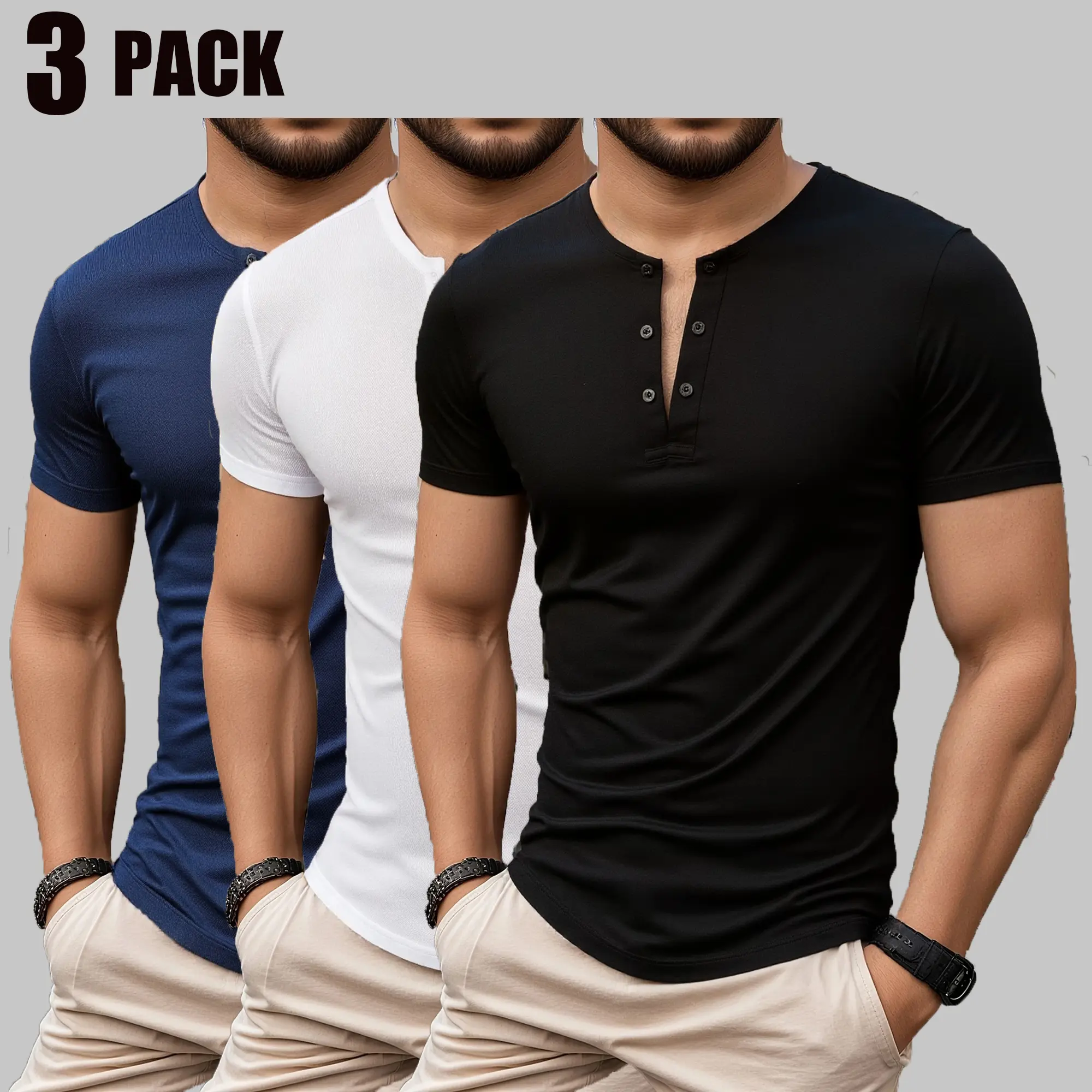 3-Pack Men’s Henley-Collar Short-Sleeve T-Shirts Stretch Slim Fit Fabric Button Front Design Solid Color Versatile Base Layer Shirts