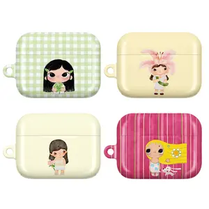 Cute Cartoon Girl AirPods Case, Kawaii Coquette Girl AirPods Cover for AirPods 4 3 2 1 & AirPods Pro 3 2 1, Aesthetic Floral Case, Preppy Pink Striped & Green Gingham Pattern, Y2K Gift for Her Women Girls