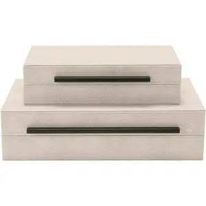 Sagala Set of 2 Ivory Shagreen Decorative Boxes With Black Metal Handles, Faux Leather Jewelry Boxes Modern Storage Boxes Photo Boxes Memory Boxes Home Organizer Box(Ivory)