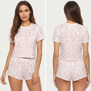Women's 2 Piece Lounge Set Short Sleeve Crewneck Top and Shorts Outfit - Cute Pink Watercolor Leopard Print Pajamas Sleepwear