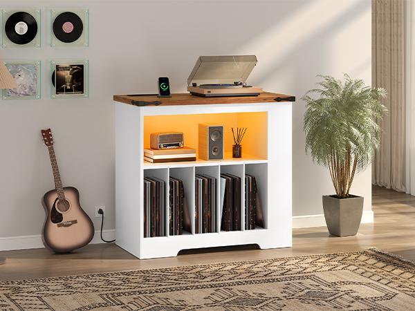 HOOBRO Large Record Player Stand with Charging Station & LED Lights, Vinyl Record Storage Cabinet with 21 Color Light Strip, Turntable Holder for Living Room, Bedroom, Walnut and White HOOBRO Large Record Player Stand with Charging Station & LED Lights, Vinyl Record Storage Cabinet with 21 Color Light Strip, Turntable Holder for Living Room, Bedroom, Walnut and White