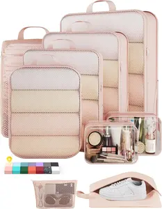 9/11 Set Compression Packing Cubes for Travel Essentials,Compressible Expandable Large Luggage Suitcase Organizer Bags for Clothing,Durable Space Saver Storage Bags with Toiletry Bags(Beige)