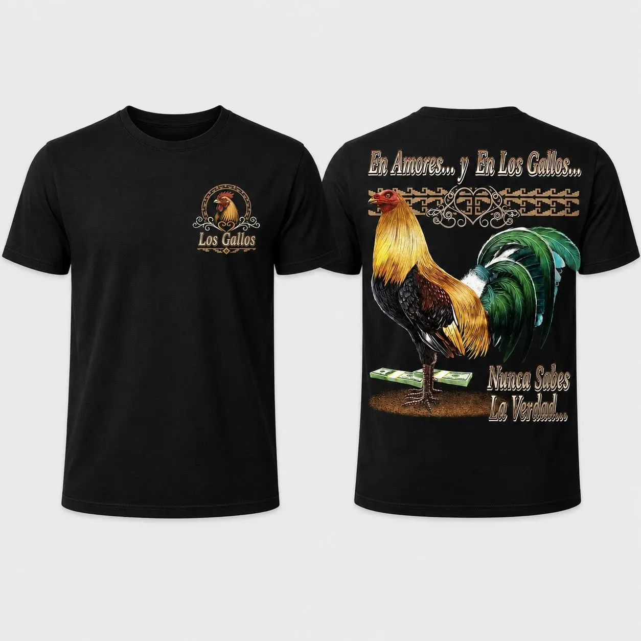 Los Gallos Gamefowl T-Shirt, Black Spanish Rooster Graphic Tee, Front Back Print Mexican Ranch Shirt, Gift for Men Rooster Lovers