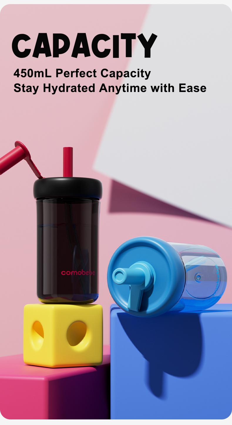 【COMOBEBE】15oz Tritan Sippy Cup – Leak-Proof Design , Food-Grade Silicone Straw, BPA-Free, Dishwasher Safe Bottle Drinkware Reusable Portable