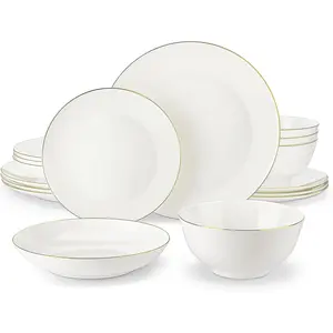 MALACASA Lightweight Bone China Dinnerware Set, 16 Pieces Plates and Bowls Sets with Gold Rim, Scratch Resistant Dish Set for 4, Cream-White Dinnerware for Dessert, Salad, Soup, Pasta, Series NORI