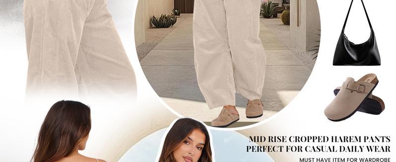 Naeduo Women's Corduroy Pants Barrel Mid-Rise Elastic Waist Cord Pants Casual Wide Leg Baggy Trouser with Pockets for Fall Beige Basic Minimalist Bottoms Button Womenswear