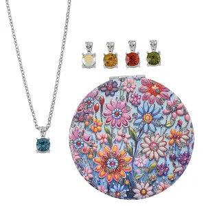 Multi Color  Crystal 4pcs Solitaire and 1pc Mirror Pendant with Necklace 20 Inches in Silvertone