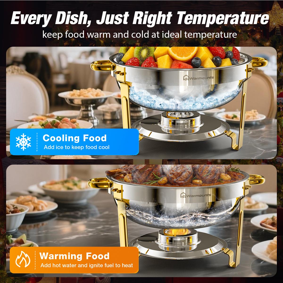 WARMOUNTS Chafing Dish Buffet Set, Glass Lid 5QT 2/4/6 Pack Gold Accent Stainless Steel Chafers and Buffet Warmers Sets with Lid & Lid Holder for Parties Catering Events Weddings Banquets