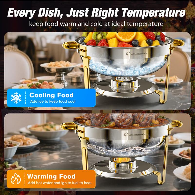 WARMOUNTS Chafing Dish Buffet Set, Glass Lid 5QT 2/4/6 Pack Gold Accent Stainless Steel Chafers and Buffet Warmers Sets with Lid & Lid Holder for Parties Catering Events Weddings Banquets