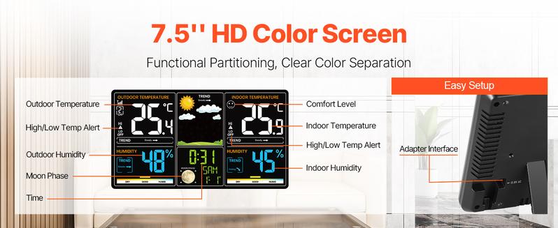 VEVOR Weather Station Indoor Outdoor,  7.5 in Large Color Display, Wireless Digital Home Weather Station, with Sensor Atomic Clock Adjustable Backlight Forecast Data Calendar Alarm Alert Temperature