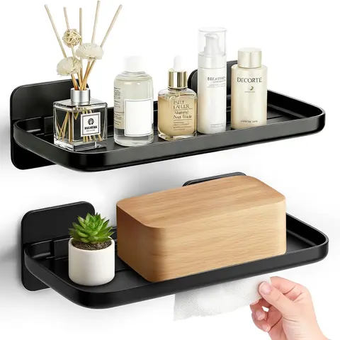 2 Pack Adhesive Floating Shelves No Drill Small Floating Shelf for Wall Storage Damage-Free Wall Mounted Organizer for Bathroom, Kitchen, Bedroom & Office (Black)