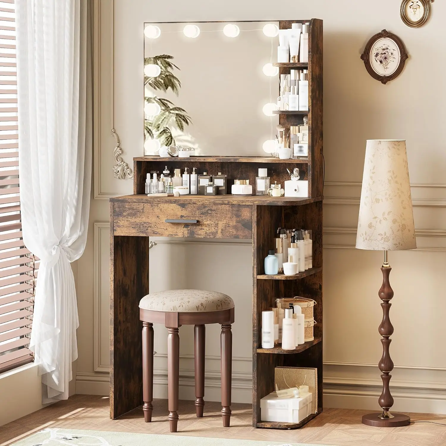 Makeup Vanity Desk with Mirror and Lights, 26.4”Small Vanity Mirror with Lights with Large Drawer and 6 Level Storage, White Vanity with Large Led Mirror with 3 Color Lighting Modes (Brown)
