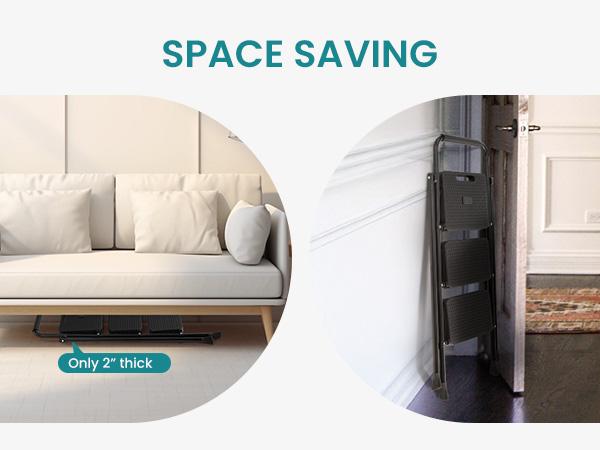 Step Ladder, Foldable Stool with Wide Pedal, Cushioned Handle, 800lbs Capacity for Home Kitchen and Outdoor, Black