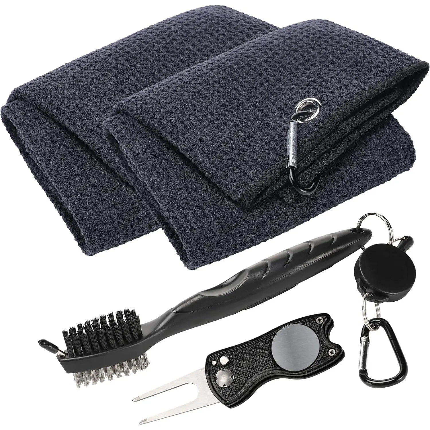 4Pcs Golf Towel and Brush Set,Golf Towels for Golf Bags,Golf Club Cleaning Set with Ball Marker Black Microfiber Towels Golf Divot Tool Brush for Men,Golf Bag Accessories Kit,Hand Tools Kits,Summervibes