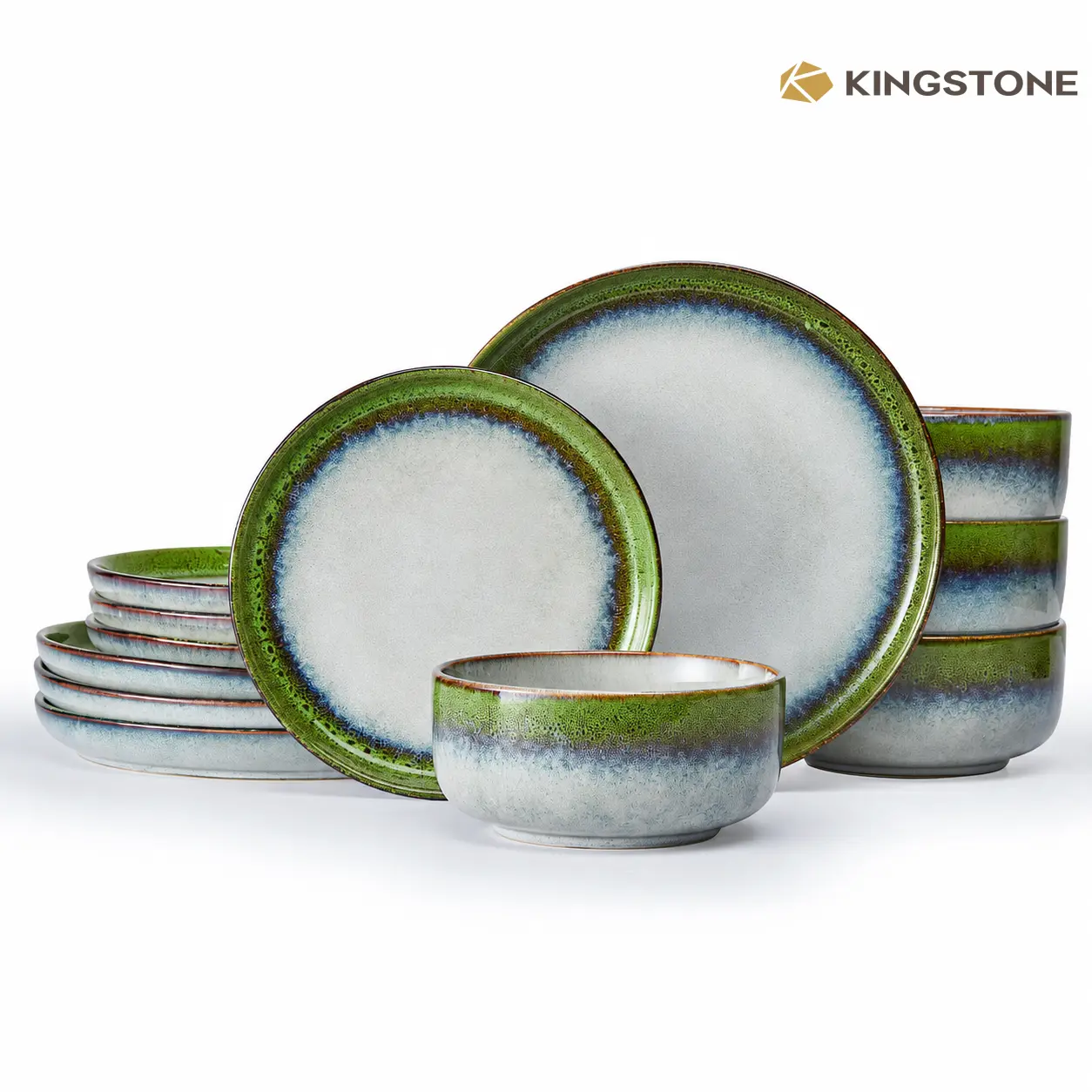 KINGSTONE Reactive Glaze Ceramic Dinnerware Set - Rustic Stoneware, Scratch-Resistant, Shatterproof, Microwave-Safe, Dishwasher-Safe, Casual Nature-Inspired Tableware for Daily Use & Parties (Models 11404,11405,11407)