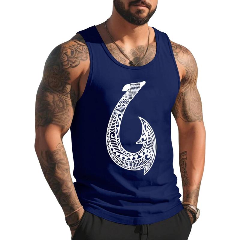 Style A H79 Tribal Hawaiian Fish Hook Pacific Islander Hawaiian Design Tank Top , Summer Gym Muscle Sleeveless, Casual Knitted Slim Fit Beach Tank top Fabric Menswear