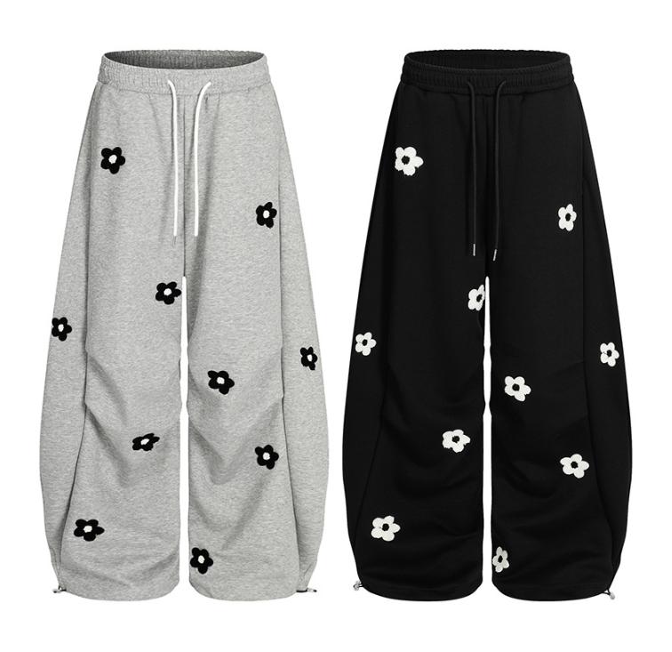 TELLFUN 2026 Unisex Floral Embroidery Baggy Barrel Sweatpants Elastic Waist Drawstring Casual Y2K Streetwear Loose Fit Vintage Joggers