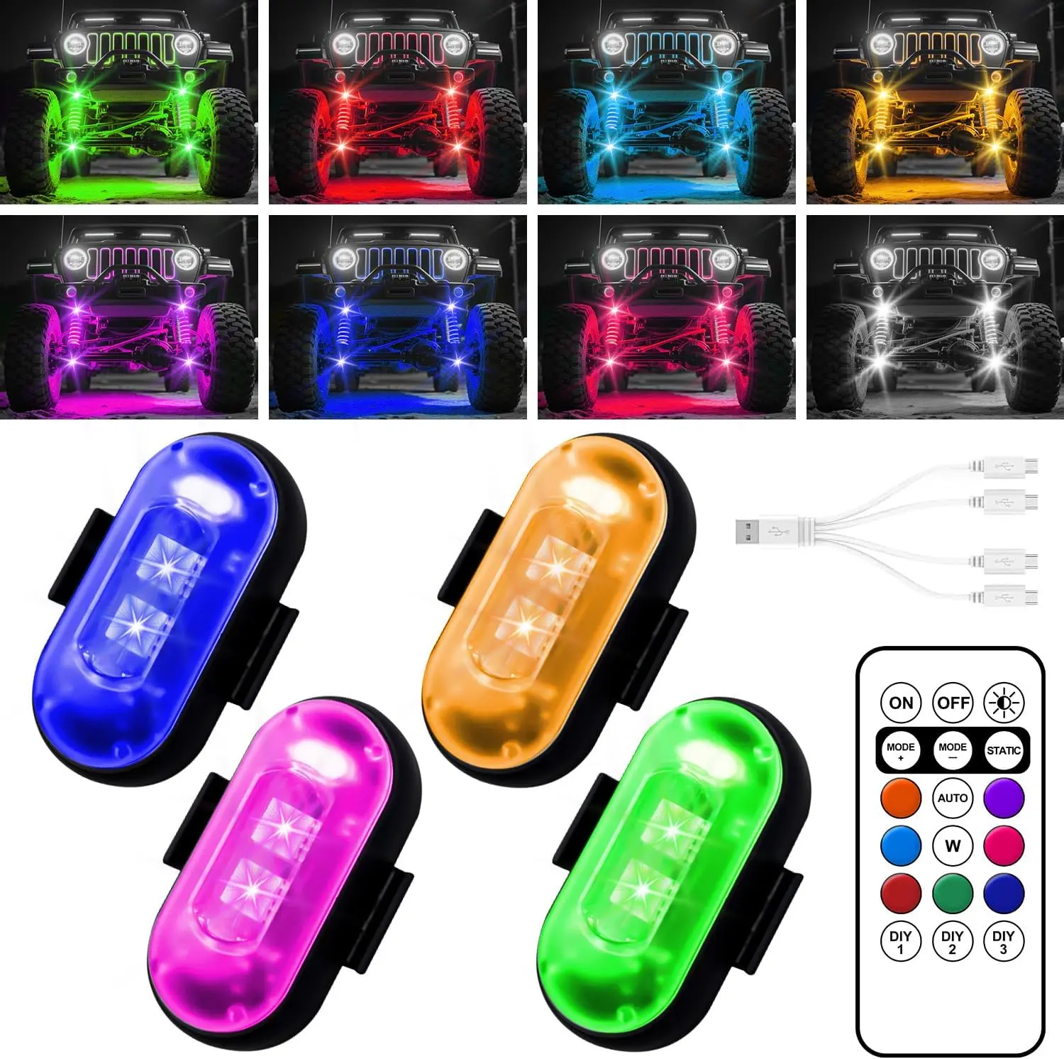 Wireless LED Lights for Car, Wireless Rock Lights with  Colors 10 Modes,Led Strobe Warning Light, Motorcycles, Boats, Camping, Bikes, Drones，Design in USA (4pcs Black)