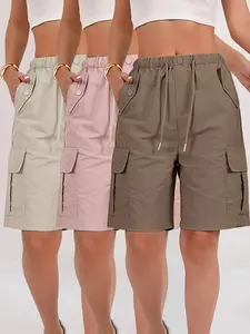 [Lightweight Cargo Shorts] 3pcs Women's Lightweight Quick-Dry Cargo Shorts - Large-sized, Loose Fit, Multi-Pocket Design, Mid-Thigh Length, Casual Wear for Spring/Summer/Fall, Outdoor | Relaxed Fit Shorts