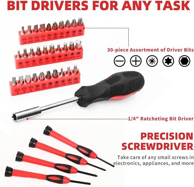 39-Piece Red Household Tool Kit, All-in-One Basic Home Repair & DIY Tool Set with Portable Plastic Toolbox, Essential Tools for College Students, Renters & Homeowners