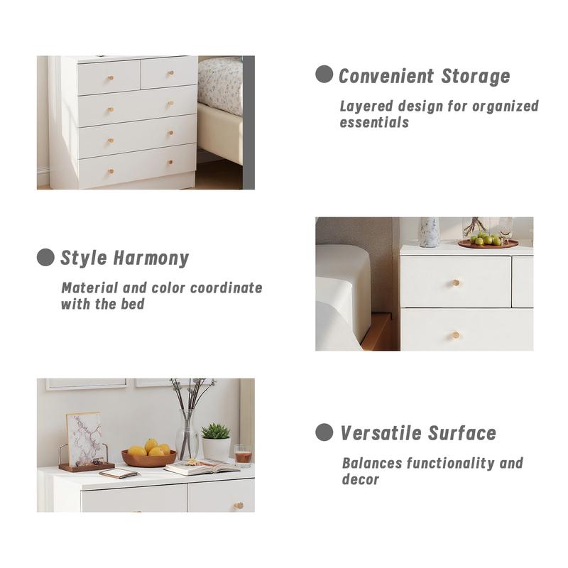 White dresser for bedroom, Chest of Drawer 5 drawer dresser with Gold Handle,Modern Sturdy Wood Storage Cabinet Nightstand for Bedroom,Living room