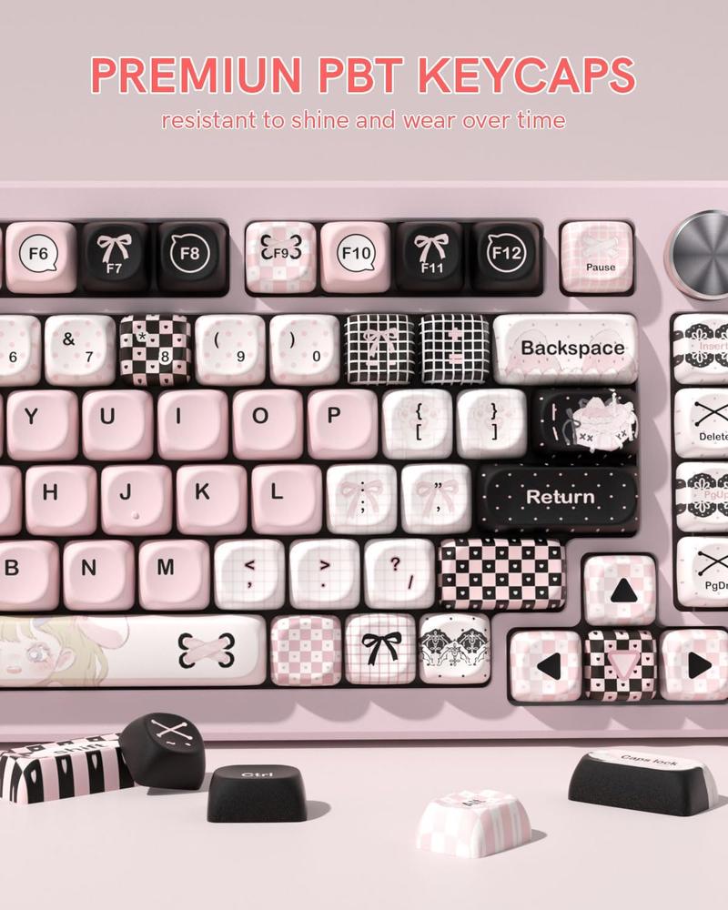 Womier MOA Profile PBT Keycaps,132 Keys Cute Style Keycap Set with Cute Icons, Dye-Sublimation, Black Pink Theme for Most 60% 65% 75% 80% 100% US Layout Cherry MX Switches Mechanical Keyboard