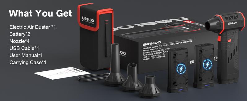 GOOLOO F5 Compressed Air Duster, Dual Removable Batteries, 180,000RPM Electric Air Duster, 3-Gear Adjustable Mini Handheld Leaf Air Blower Cordless for Car Detailing, PC, Keyboard, Snow Cleaning