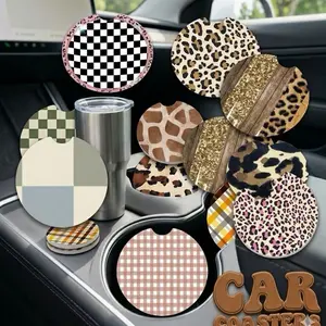 Animal Print Car Coasters | Leopard Print Neoprene Car Cup Holder Coasters | Cute Car Accessories | Absorbent Car Coaster Set