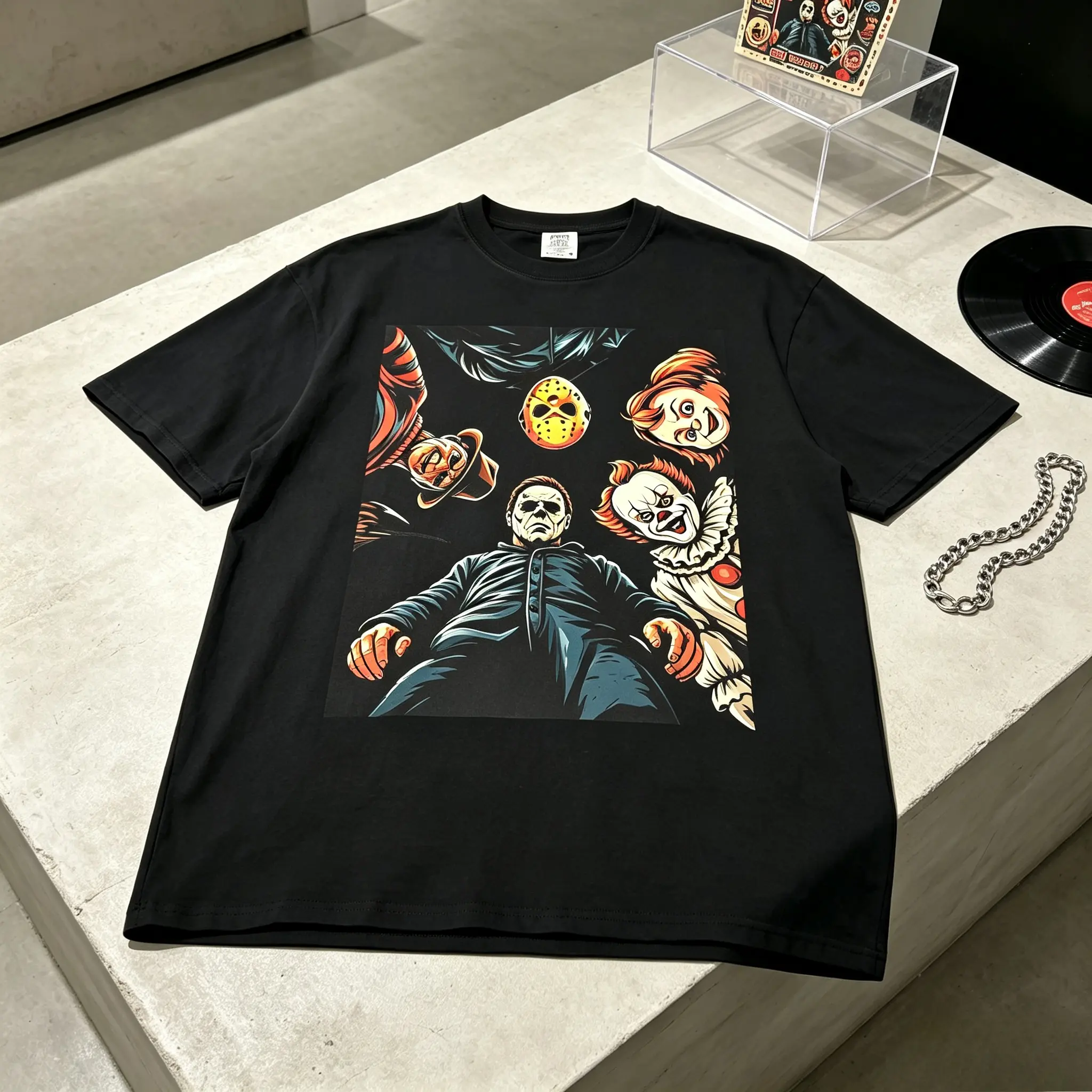Horror Movie Villains Graphic T Shirt Michael Myers Jason Freddy Chucky Pennywise Collage Tee Scary Movie Characters Streetwear Unisex Top