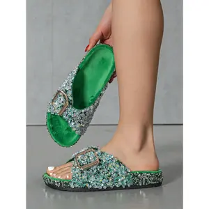 New Arrival Green Sequin Slide Sandals For Women, Slip On Slippers For Casual, Beach, Home Wear With Diamond Decoration And Fluffy Design