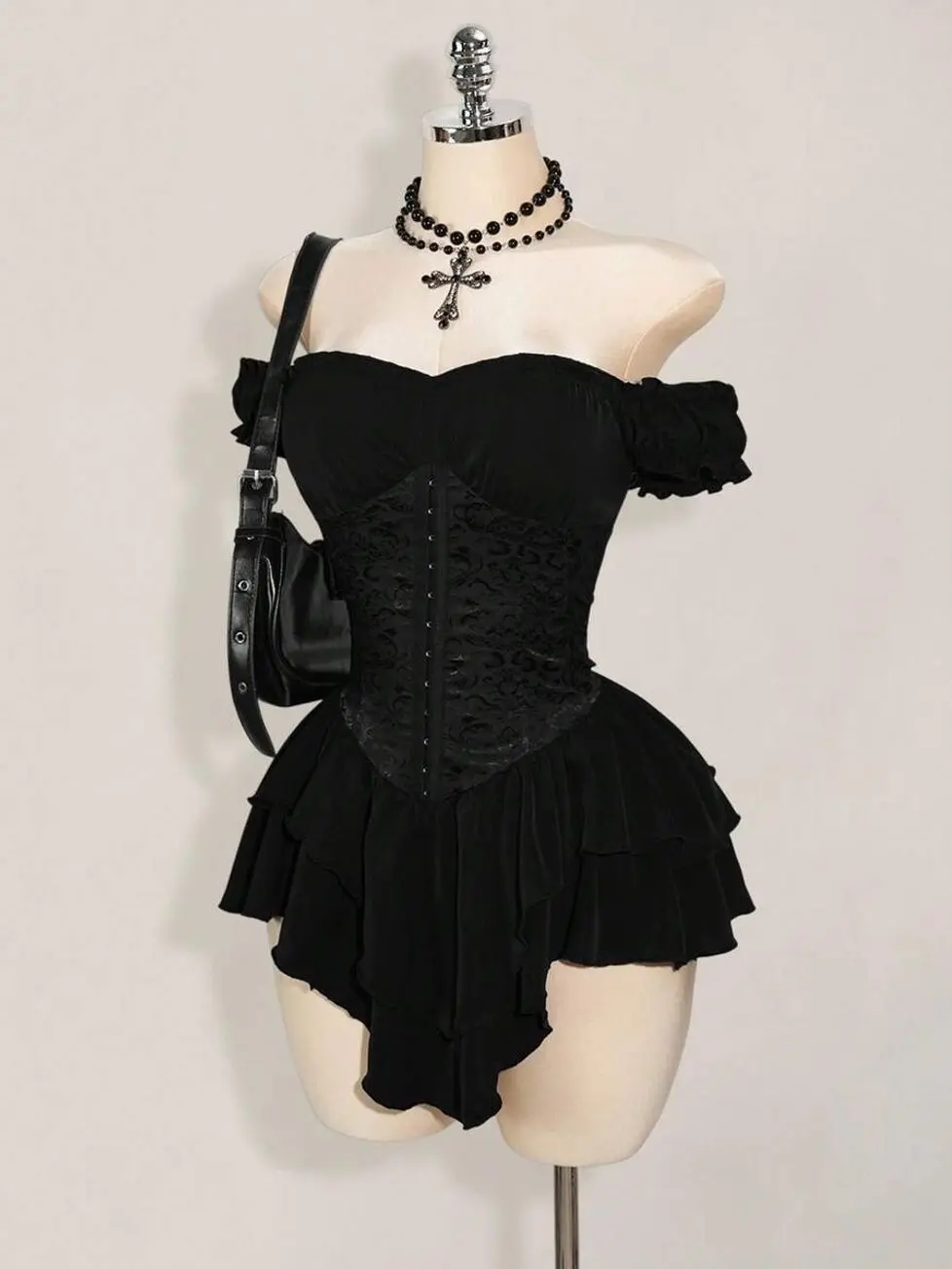 Women's Goth Jacquard Off Shoulder Ruffle Mini Dress, A-Line Layered Hem Party Going Out Outfit