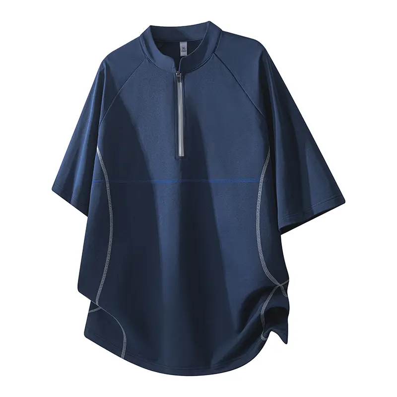 Men's Loose Fit Polyester Half-Zip Mandarin Collar T-Shirt with Contrast Color Raglan Sleeves - Sporty Chic, Casual, Unisex Breathable Athletic Wear, Machine Washable for Summer Gym, Everyday Wear