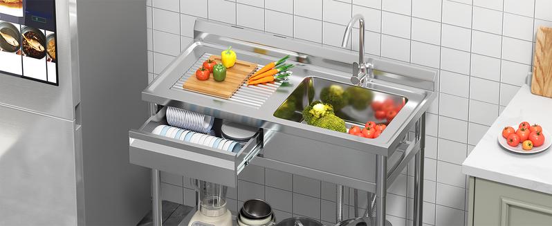 39" Stainless Steel Utility Sink with Left Drawer and Drainboard Freestanding Laundry Sink with Hot & Cold Faucet 304 Matte Finish Single Bowl 17"x13" with Backsplash for Indoor/Outdoor