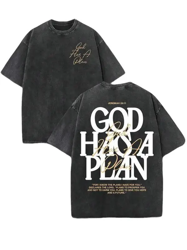 Retro Washed T-Shirt Double Sided Printed 230 Pure Cotton'GOD HAS A PLAN' Letter Print Men's Casual ComfortableFashionable Street Style Cotton Distressed FestiveMenswear Tops slightly cropped shirt men