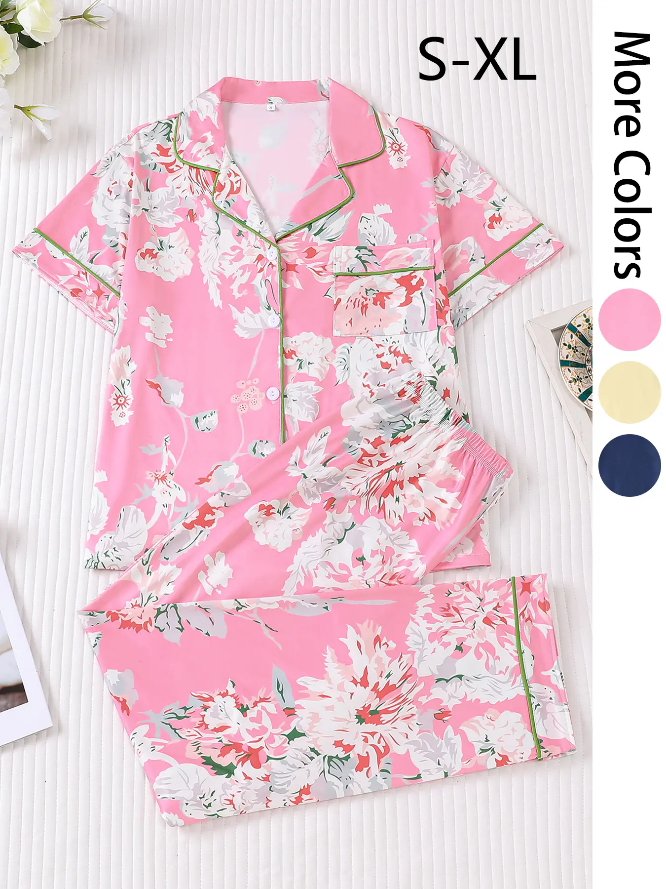 Women's 2-Piece New Floral Print Short-Sleeved Fitted Pajama Set with Pockets, Elegant and Casual Loungewear, Fashionable and Comfortable Shirt and Pants for All-Season