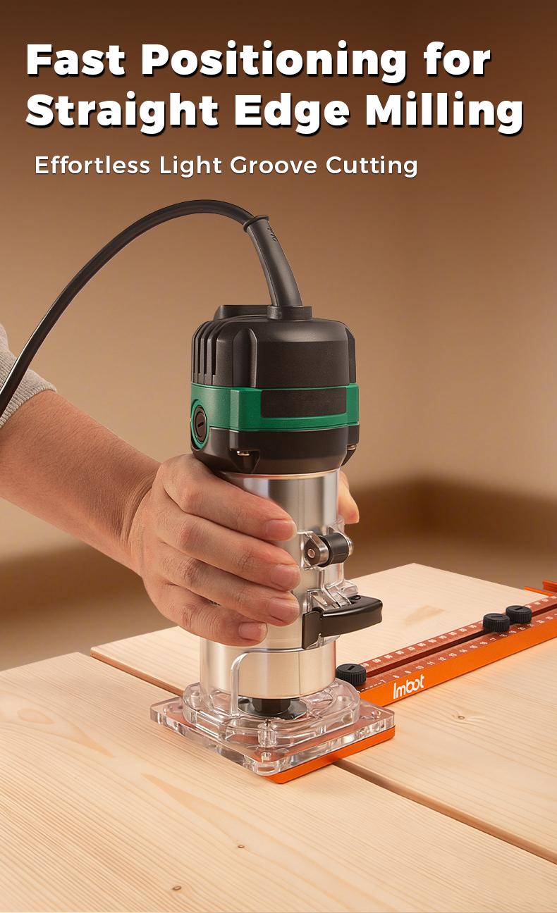 IMBOT Multi-function Router Jig – integrates milling, circle cutting, cabinet drilling, and guide functions in one aluminum alloy tool. Features adjustable radius for woodworking circle/arc cutting and precision grooving.