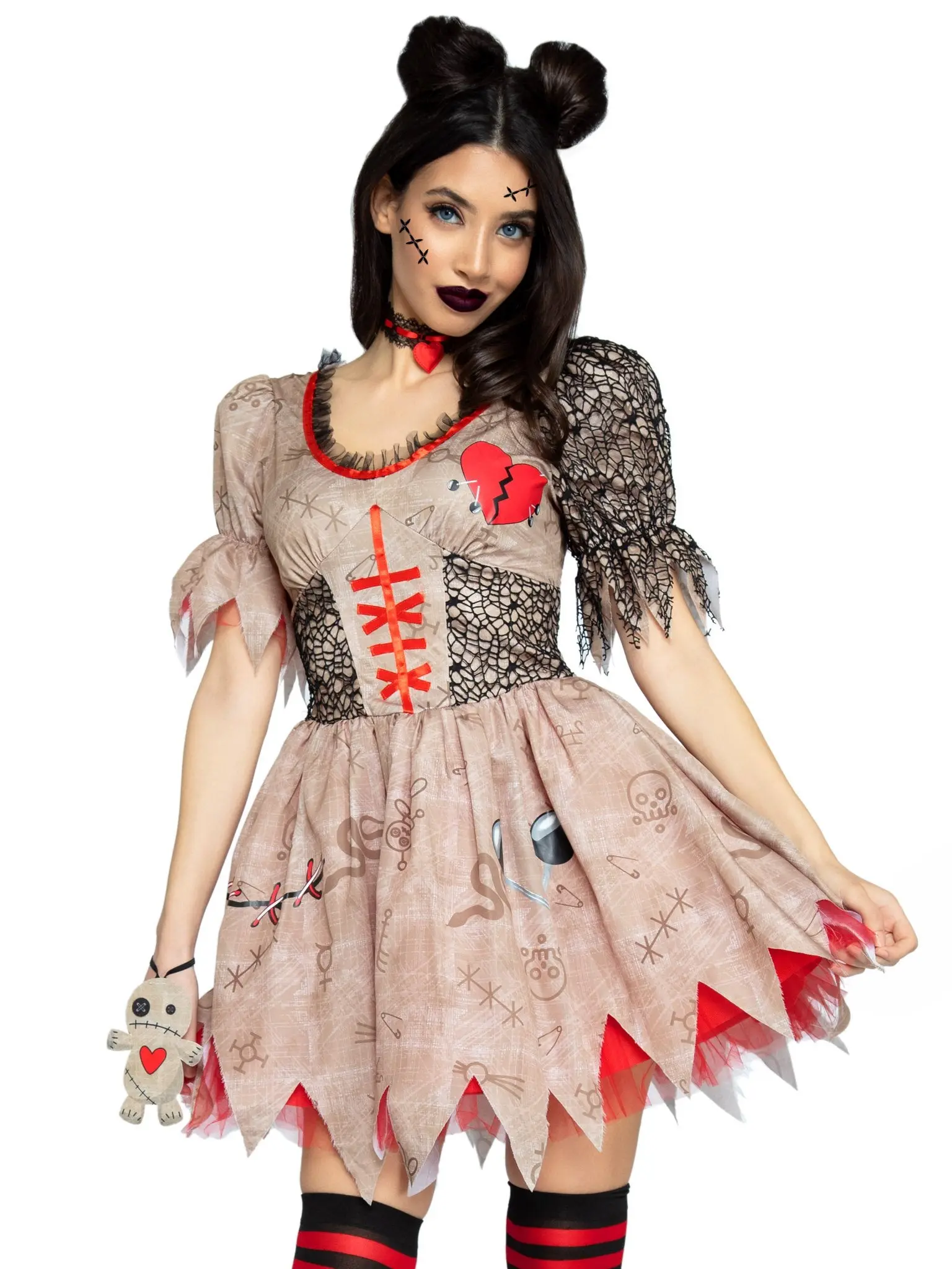 Women's Voodoo Doll Costume Dress, 3-Piece Printed Fit and Flair Style with Embroidered Heart Detail, Halloween Party Clothes with Accessories, Cute, Fishnet, Trick Or Treat, Lady, Sexy, Costume Ideas, Hand Wash, Embroidery, Long Skirt, Creepy Sweet, Body
