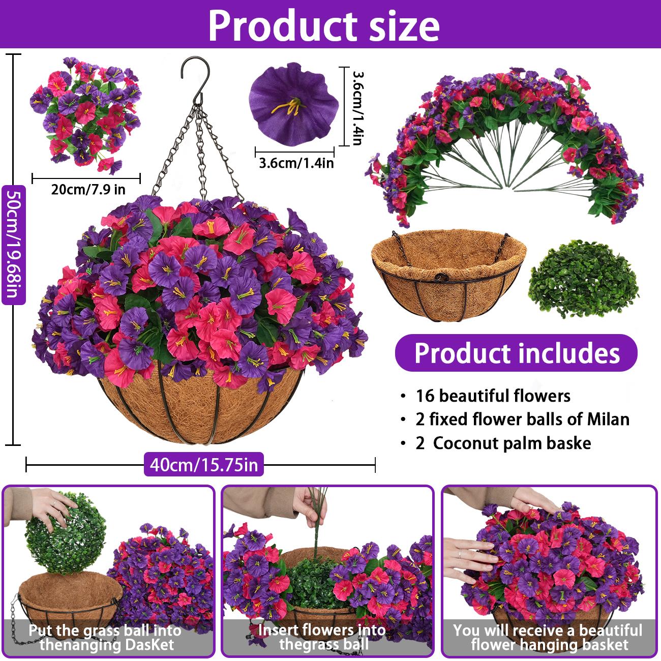 2 Pcs Artificial hanging plant and flower basket, perfect for spring and summer outdoor decoration.  Features realistic silk morning glory flowers, UV-resistant, and suitable for porches, patios, balconies, and gardens.