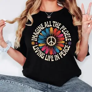Imagine Peace T-Shirt | "Imagine All the People Living Life in Peace" | Floral Daisy Peace Sign Tee | Hippie Boho Graphic Shirt funny short sleeve