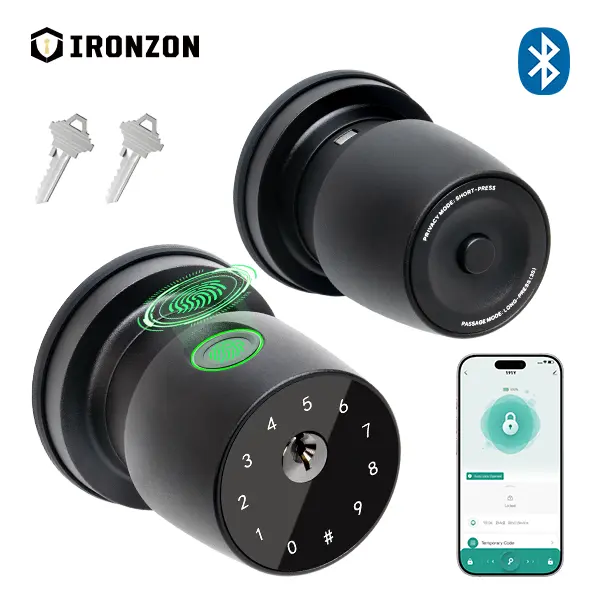 IRONZON 4-in-1 Smart Fingerprint Door Knob - Waterproof Keyless Lock with 4 Unlock Ways (Fingerprint, Keypad Code, Mechanical Key, App Control), 1-Tap Privacy Mode, Auto-Lock, Easy Installation for Indoor/Outdoor Doors (Matte Black, Satin Nickel), Door Lo