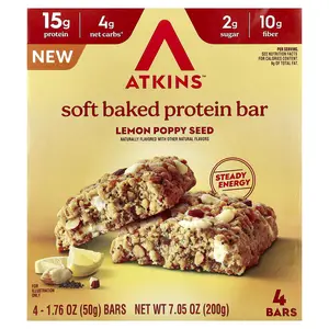 Atkins Soft Baked Protein Bar, Lemon Poppy Seed, 4 Bars, 1.76 oz (50 g) Each