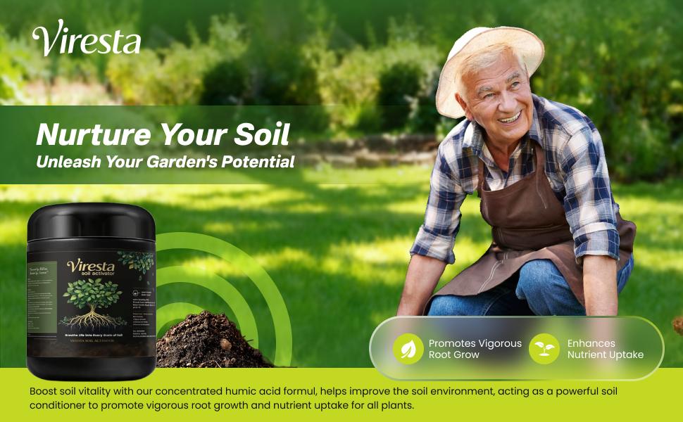 Viresta Soil Revitalizer (13.8oz / 390g), Concentrated Humic Acid Formula for Lawn & Garden Plant Food Enhancer Yields 266 Gallons Fertilizer Lawn & Garden Soil Conditioner - Plant Food Enhancer, Concentrated Humic Acid