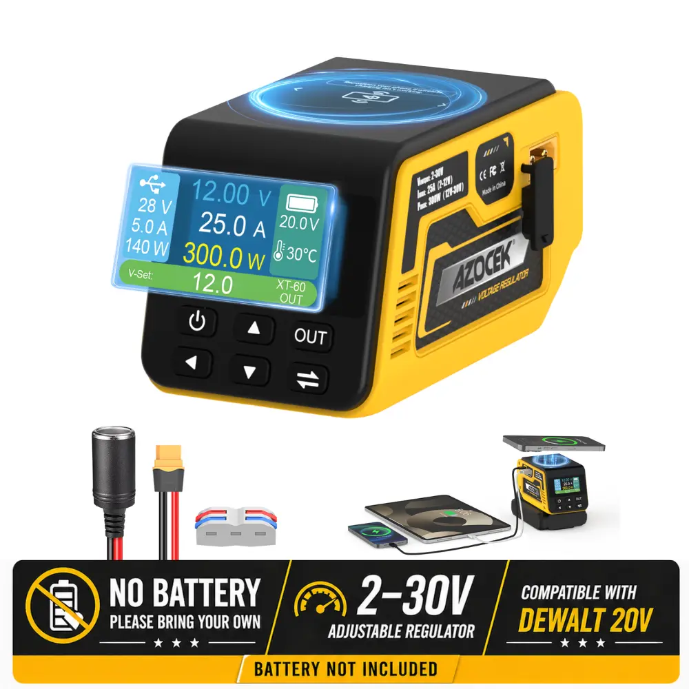 [Battery Not Included]Azocek 300W Adjustable DC Voltage Regulator for DeWalt 20V Battery, 4-in-1 Power Station with 100W USB-C PD, 15W Wireless Charging, XT60 2-30V Output & Smart LCD