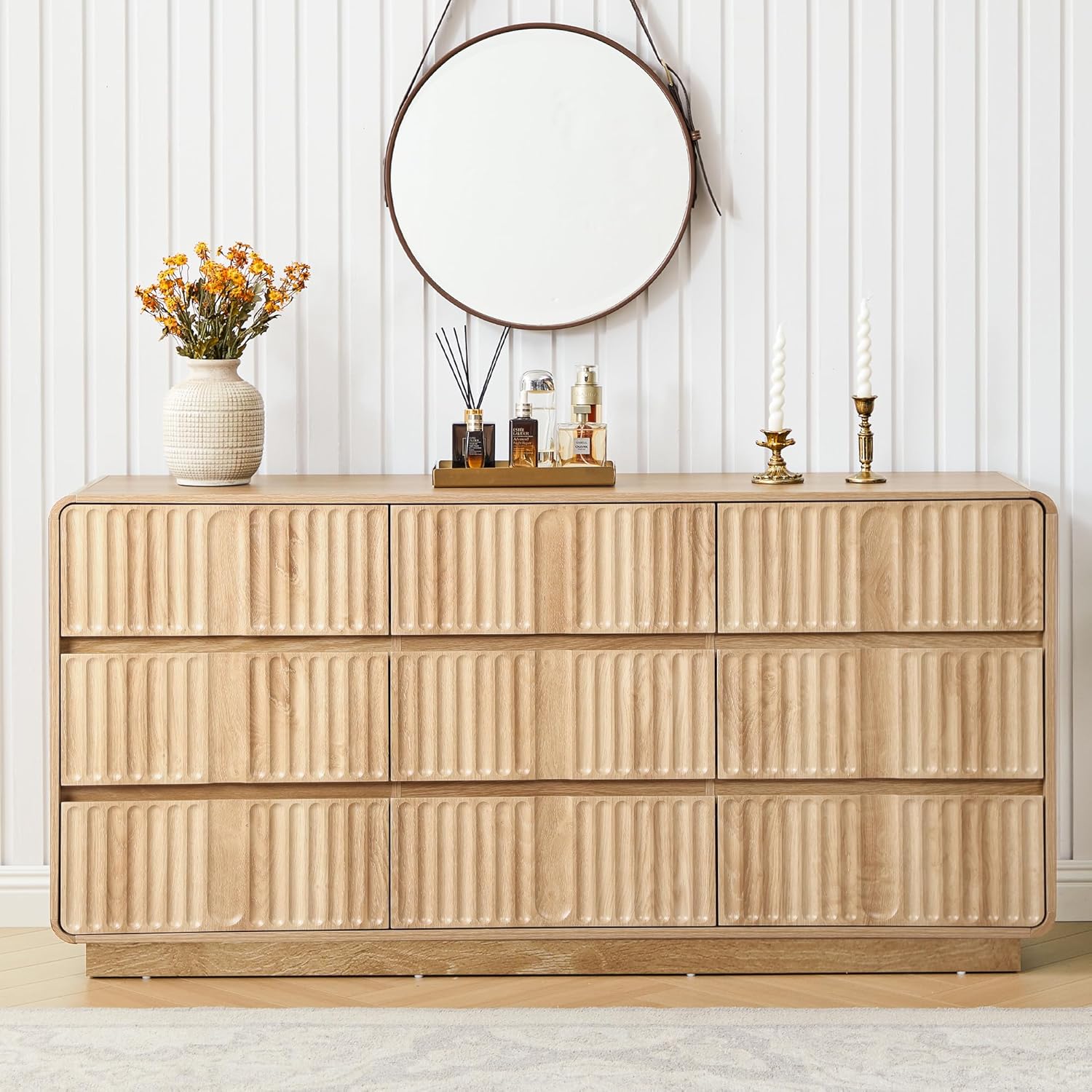 Giratree 60'' Modern Fluted 9-Drawer Dresser, Curved-Corner Wood Chest for Bedroom Storage — Also Works as a Stylish TV Stand Giratree 60'' Modern Fluted 9-Drawer Dresser, Curved-Corner Wood Chest for Bedroom Storage — Also Works as a Stylish TV Stand