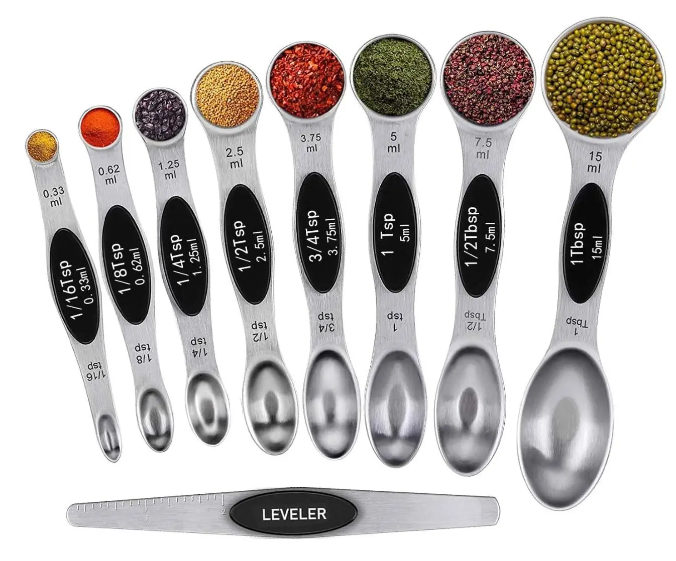 8-Piece Heavy-Duty Steel Magnetic Measuring Spoons Set with Strong Magnet Grip N45 Magnets, Metal Kitchen Gadget for Baking & Cooking, Fits Most Spice Jars, Includes Leveler, Black Christmas Gift, Durable