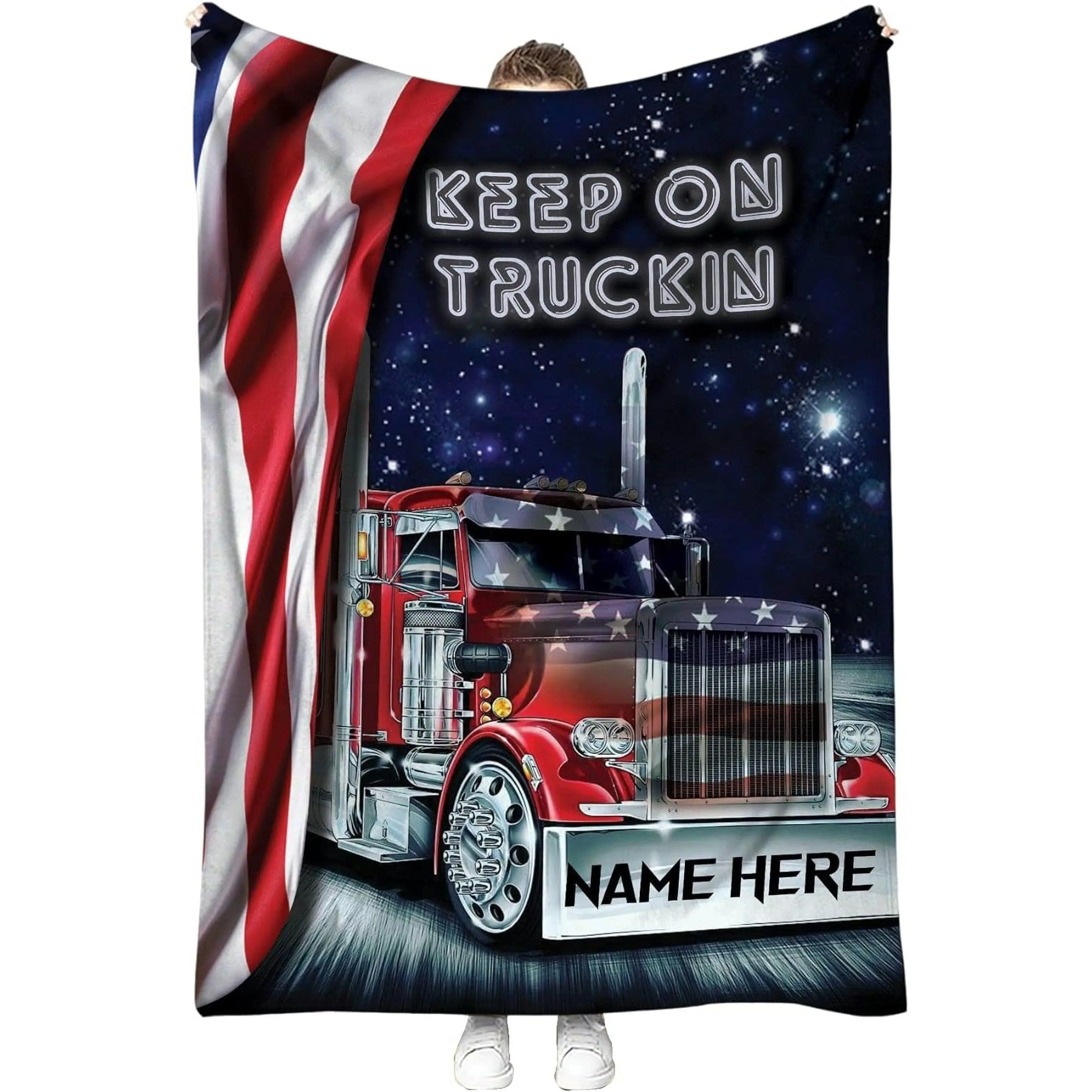 Personalized Truck Blanket with Name, Custom Trucker Sherpa Fleece Throw Blankets, Truck US Flag Blanket, Gifts for Trucker Truck DriverHoliday gifts for Thanksgiving, Father's Day, Halloween, Children's Day, Valentine's Day