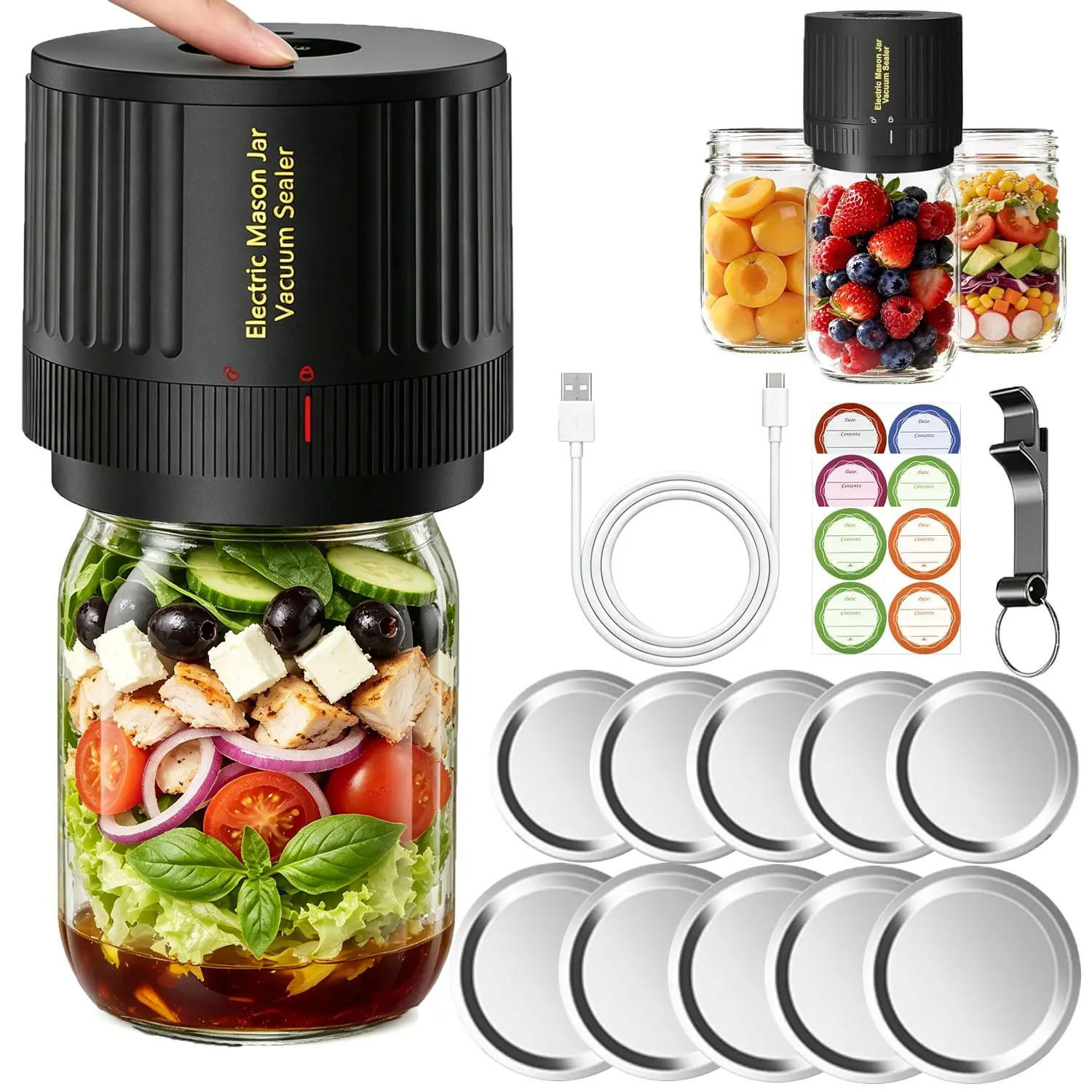 2026 Upgraded Electric Mason Jar Vacuum Sealer Kit - Automatic, Secure Non-Slip Seal, 1-Touch Operation, Fits Wide-Mouth/Regular-Mouth Jars, Includes Bottle Opener, Economical & Sustainable, Cuts Food Waste by 70%, Essential Kitchen Tool for Food Lovers s